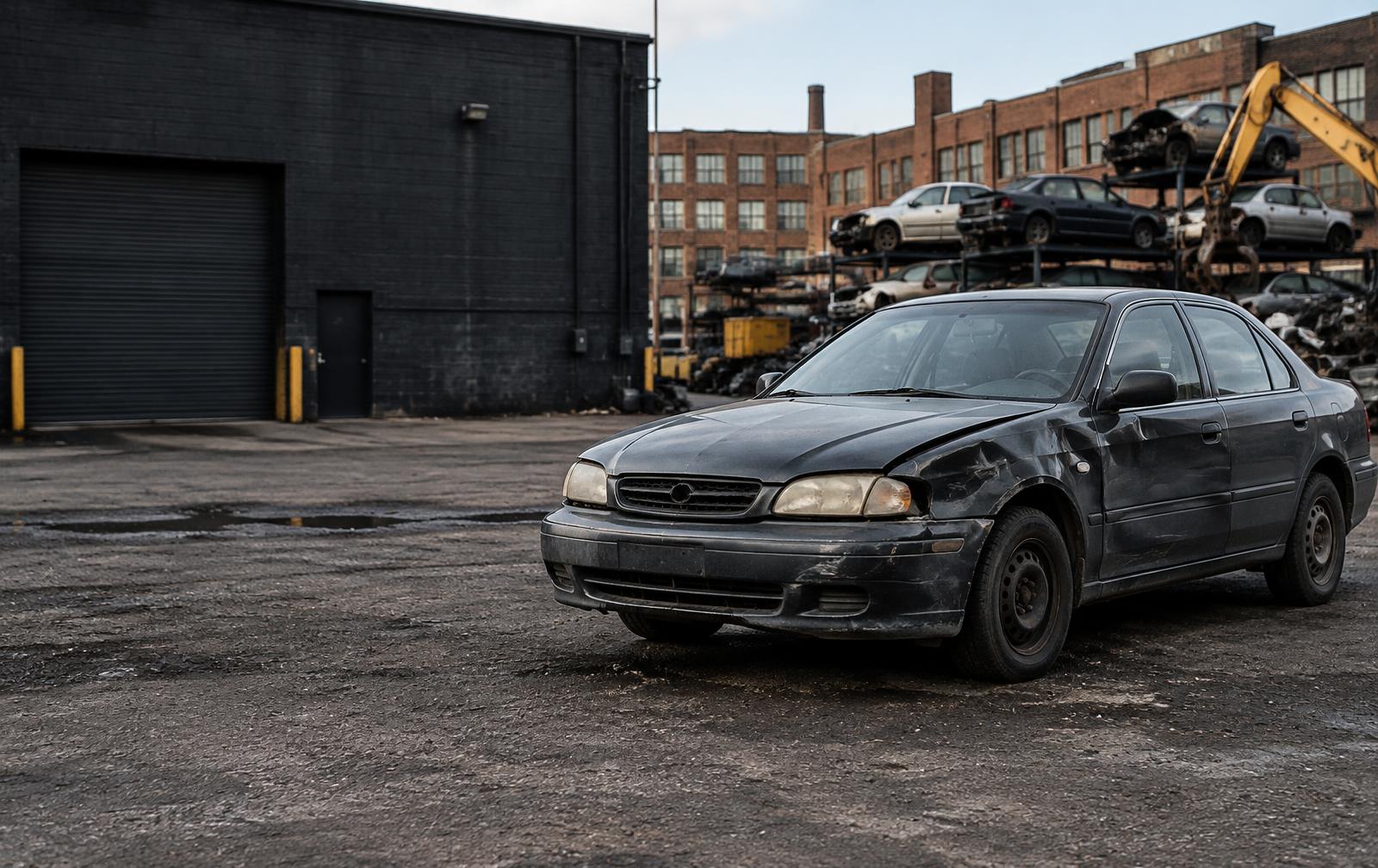 A damaged sedan at an industrial automotive salvage yard